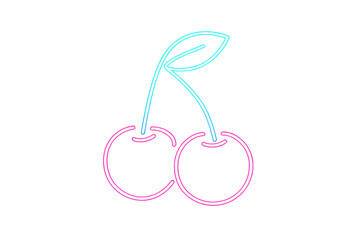 Obraz premium Two glowing neon cherries with pink fruits and blue stems and leaf on a transparent background, creating a vibrant and playful image