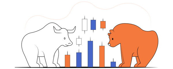 Flat Illustration of a Bull and Bear Facing off Over a Stock Chart, Featuring a Minimal Style With Solid Colors for Finance or Market-Themed Designs