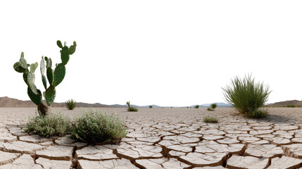 Arid Oasis: A resilient cactus and sparse vegetation cling to life on cracked earth under a vast, empty sky, depicting the stark beauty of the desert and the challenges of survival.