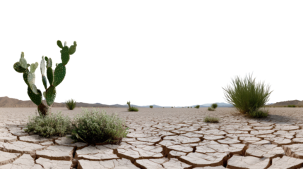 Arid Oasis: A resilient cactus and sparse vegetation cling to life on cracked earth under a vast, empty sky, depicting the stark beauty of the desert and the challenges of survival.