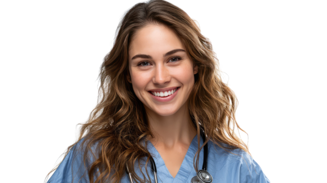 Portrait of cheerful nurse with wavy hairs in studio: Radiating positivity and warmth, a caring young nurse smiles genuinely, ready to provide compassionate healthcare with unwavering dedication.
