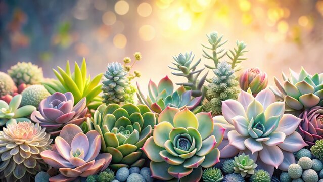 A Vibrant Collection of Succulents Basking in Golden Sunlight, Displaying a Diverse Array of Textures and Hues