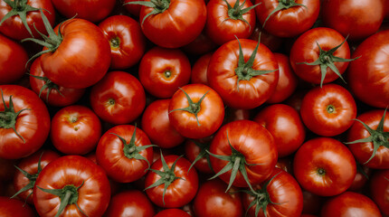 Lots of red round tomatoes with green cuttings, background texture. Ripe vegetables, freshly harvested