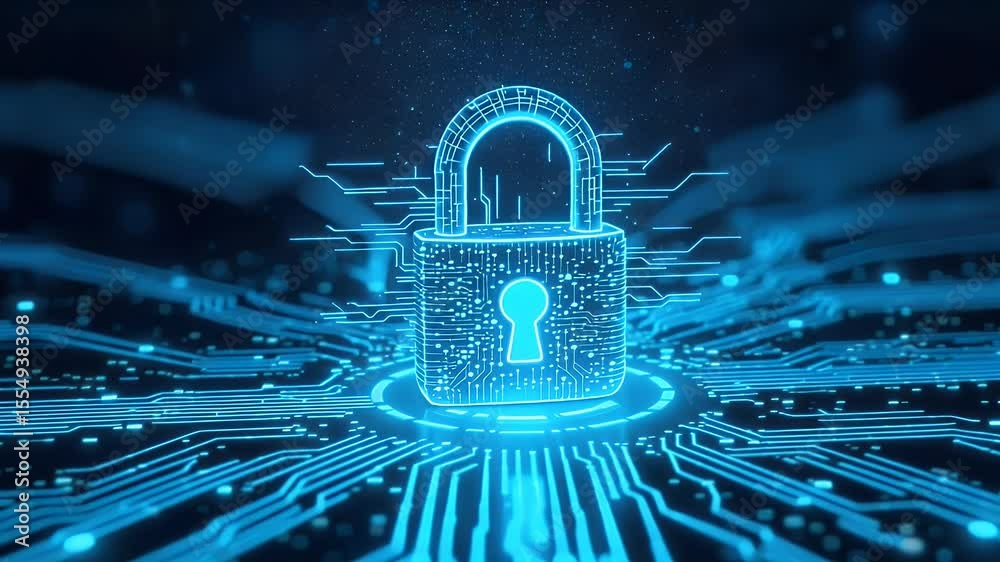 Poster glowing digital padlock with keyhole on illuminated circuit board pattern in blue color representing