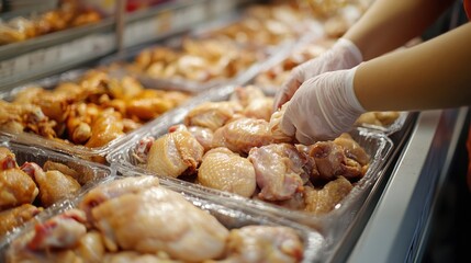 A person is selecting raw chicken pieces in a grocery store or market.