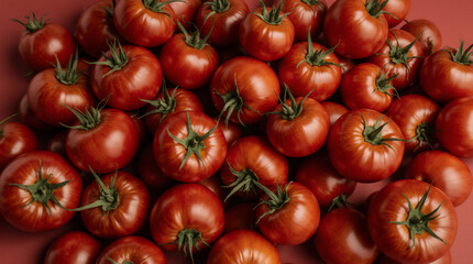 Lots of red round tomatoes with green cuttings, background texture. Ripe vegetables, freshly harvested