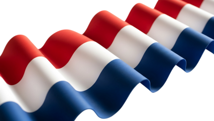 A digitally rendered Dutch flag, with flowing, wavy stripes of red, white, and blue against a white background.
