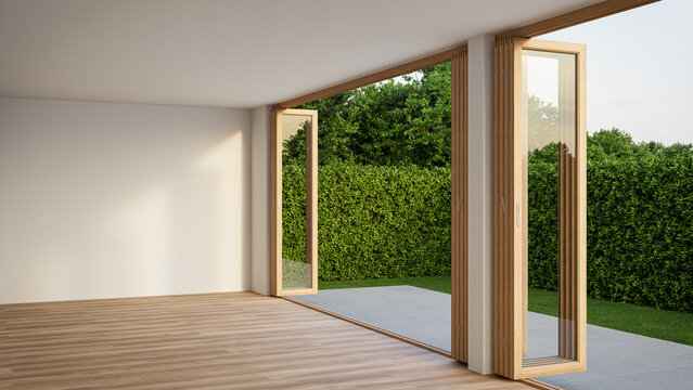 Empty white room with wood-framed glass doors open to garden. Modern house interior 3d rendering.