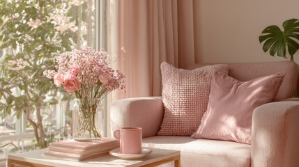 A cozy pastel-toned living room corner featuring a pink armchair, matching cushions, a coffee table with books