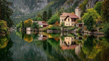 A peaceful lakeside village with charming stone houses and a small tower reflects beautifully in the still water