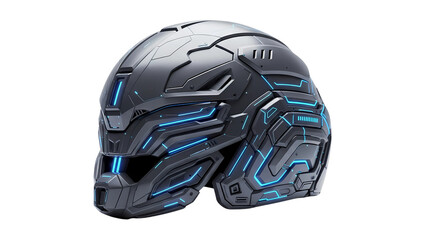 Futuristic, dark gray helmet with glowing blue accents.