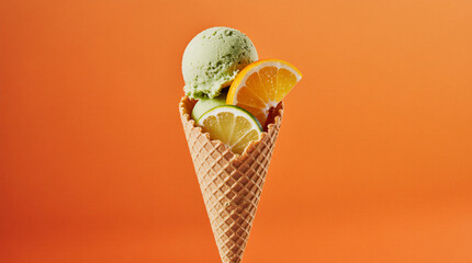 Minimal idea with ice cream waffle cone and ripe citrus fruit slices: orange, lime, lemon on orange background. Minimal trendy summer food concept. Vitamins, healthy diet creative layout.