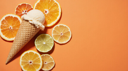 Minimal idea with ice cream waffle cone and ripe citrus fruit slices: orange, lime, lemon on orange background. Minimal trendy summer food concept. Vitamins, healthy diet creative layout.