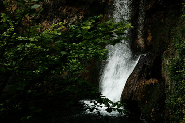 Side view of Veliki Buk waterfall in Lisine reserve, partially hidden by green leaves. Water rushes...