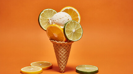 Minimal idea with ice cream waffle cone and ripe citrus fruit slices: orange, lime, lemon on orange background. Minimal trendy summer food concept. Vitamins, healthy diet creative layout.