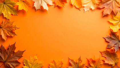 Fototapeta premium Autumn Leaves Border Frame on Bright Orange Background for Fall Season