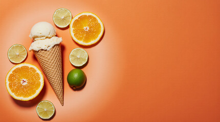 Minimal idea with ice cream waffle cone and ripe citrus fruit slices: orange, lime, lemon on orange background. Minimal trendy summer food concept. Vitamins, healthy diet creative layout.
