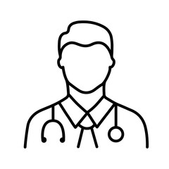 Doctor line art icon isolated on white background. Minimalist vector illustration ideal for healthcare, medical services, hospital design, health education, medical apps, and infographics. 
