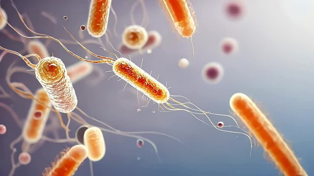 Detailed Microscopic Visualization of Bacteria with Flagella and Cellular Structures, 3D Render