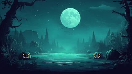 Halloween background with moon and carved pumpkins in dark forest, spooky blue-green night banner design