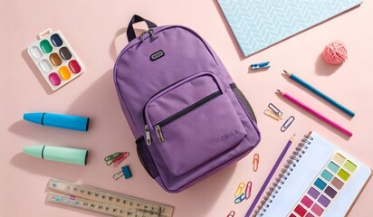 A flat lay composition of a pastel school backpack and colorful stationery items