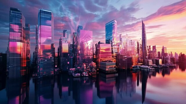 An animated wave of inflation spreads across a futuristic skyline where the buildings seem fragmented and distorted mirroring the instability of the economy.