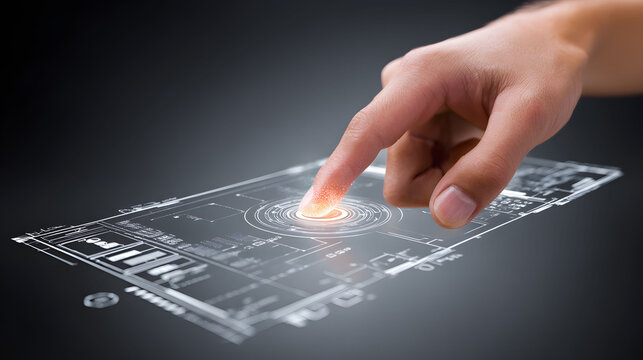 Hand Interacting with Futuristic Digital Interface, Abstract Data Visualization, Glowing Fingerprint Scan