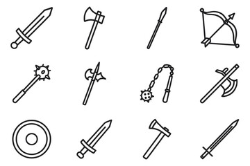 Medieval weapons collection featuring sword, axe, bow, and shield, vector illustration