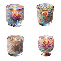 Set of  Decorative glass candle holders with colorful patterns and designs  isolated on transparent background