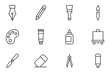 Artistic tools collection featuring paintbrush, palette, and easel icons, vector illustration