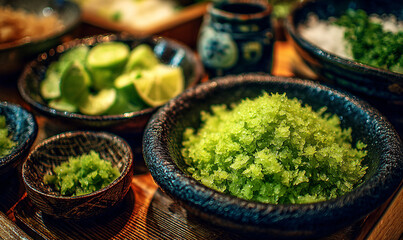 A close up of various small bowls filled with food ingredients on a table top