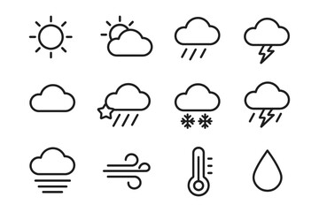 Obraz premium Minimalist weather icons collection featuring sun, clouds, rain, and thermometer, vector illustration