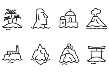 Minimalist icon set featuring world landmarks and natural wonders, vector illustration