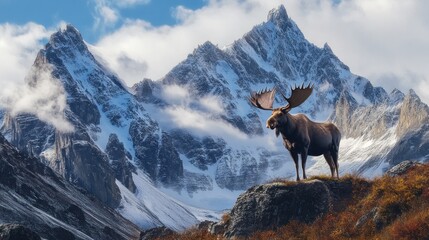Majestic moose stands atop a rocky outcrop, against a backdrop of snow-capped mountains and autumnal foliage