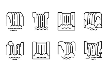 Minimalist waterfall icons set featuring clean line art and diverse designs, vector illustration