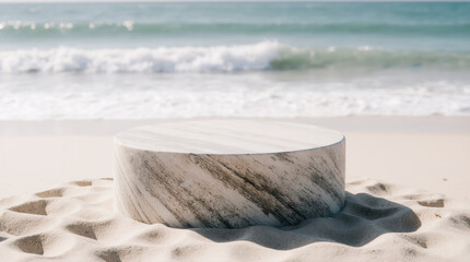 Summer tropical background, Podium on sand beach on sea background, Mock up for the exhibitions, Presentation of products.