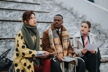 Three business people sitting on outdoor steps discussing documents, showcasing teamwork and...