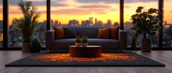 Bright modern living room interior with large overlooking cityscape at sunset with cozy sofa and plants