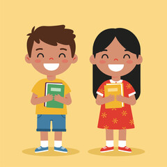 Happy Diverse Children Holding Books, Back to School Illustration