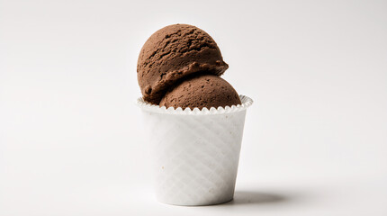 Two scoops of creamy chocolate ice cream in a paper cup on a clean white background, perfect for menus