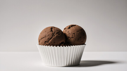 Two scoops of creamy chocolate ice cream in a paper cup on a clean white background, perfect for menus