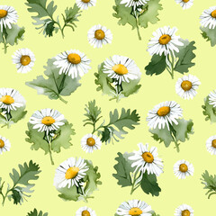 Delicate and cheerful watercolor traced seamless pattern featuring white chamomile, daisy flowers on yellow background. This floral botanical design is ideal for fabric, packaging, wrapping paper