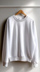 明るい光の下、木製ハンガーに飾られたミニマリストの白いスウェットシャツ