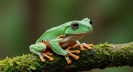 Obraz premium green frog on a branch of wood