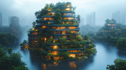 Futuristic eco-city with green buildings surrounded by forest and water in misty light.