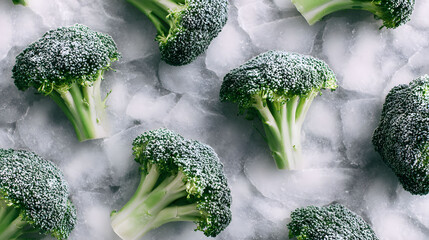 Frozen Broccoli Florets on Ice A Cool Green Food Pattern