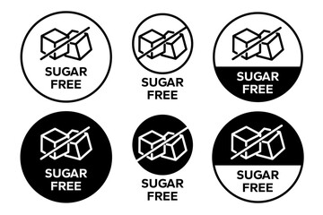 Sugar free icons. Zero sugar label. Set allergen free icons. Allergen free products. Sugar free logo, label, badge, sticker, symbol, emblem, black, circle, line, vector, isolated illustration.