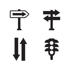 minimalist black and white road direction icons with traffic light, clean symbols for navigation and signage