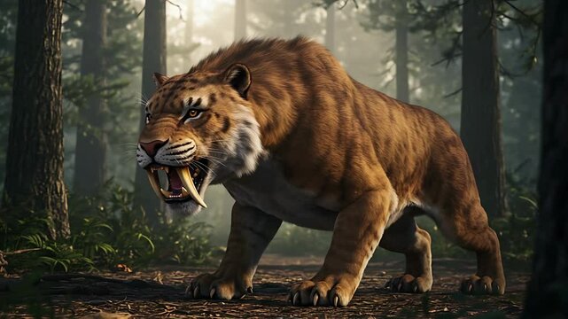 A Realistic Depiction of a Smilodon (Saber-Toothed Cat) in a Forest Scene