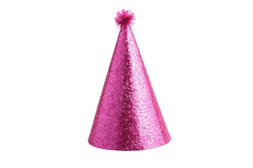 Bright pink glittery cone shaped birthday party hat surrounded by colorful confetti for festive celebration activities